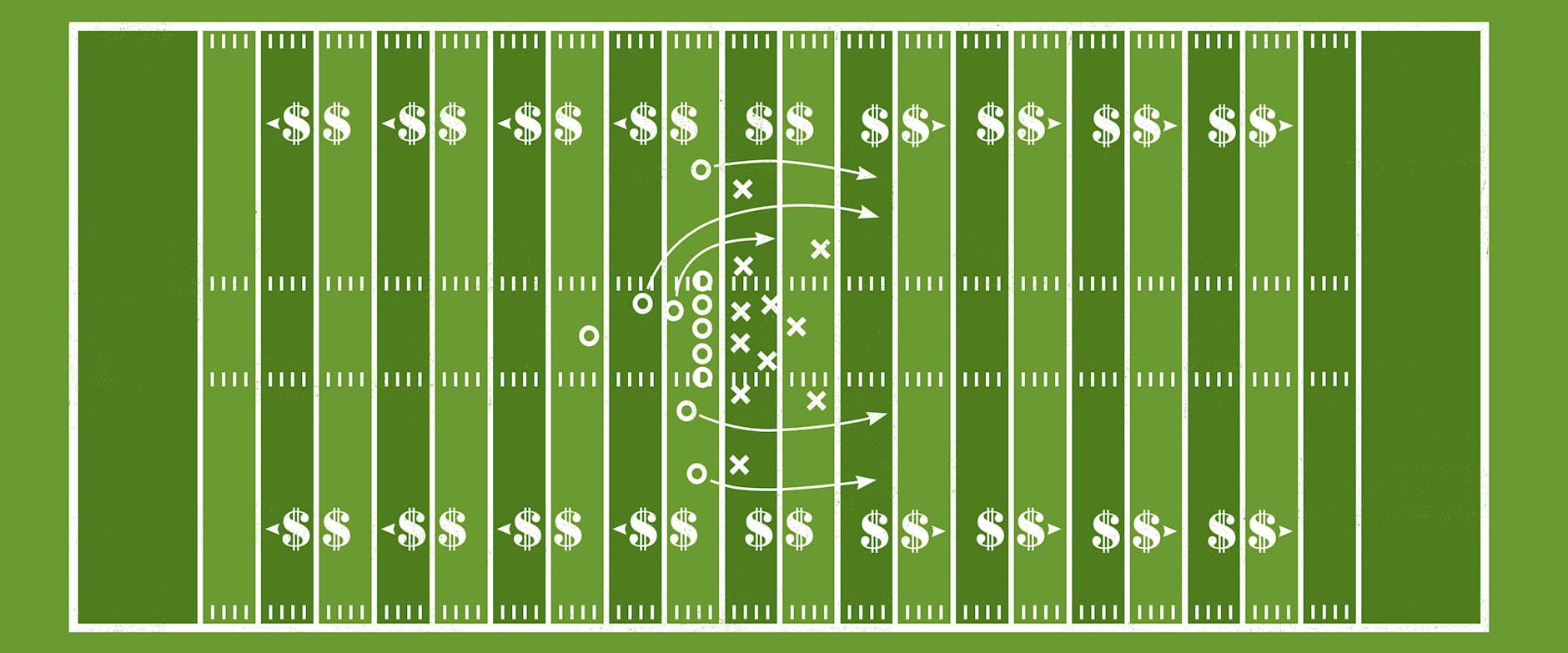 Football field with dollar signs instead of numbers at the yard lines