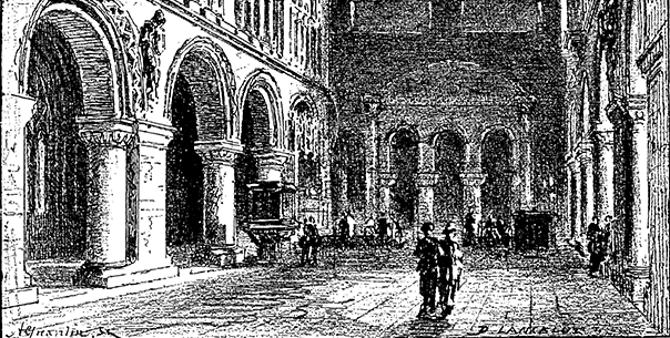 ancient illustration of inside of St. Bartholomew's in London, England