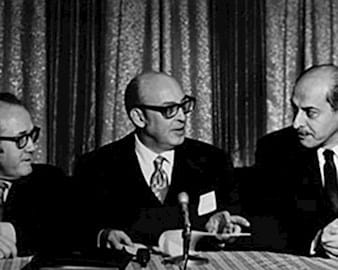 Economist Beryl Sprinkel and professors Walter Fackler and Irving Schweiger prepare for the 1971 Business Forecast.