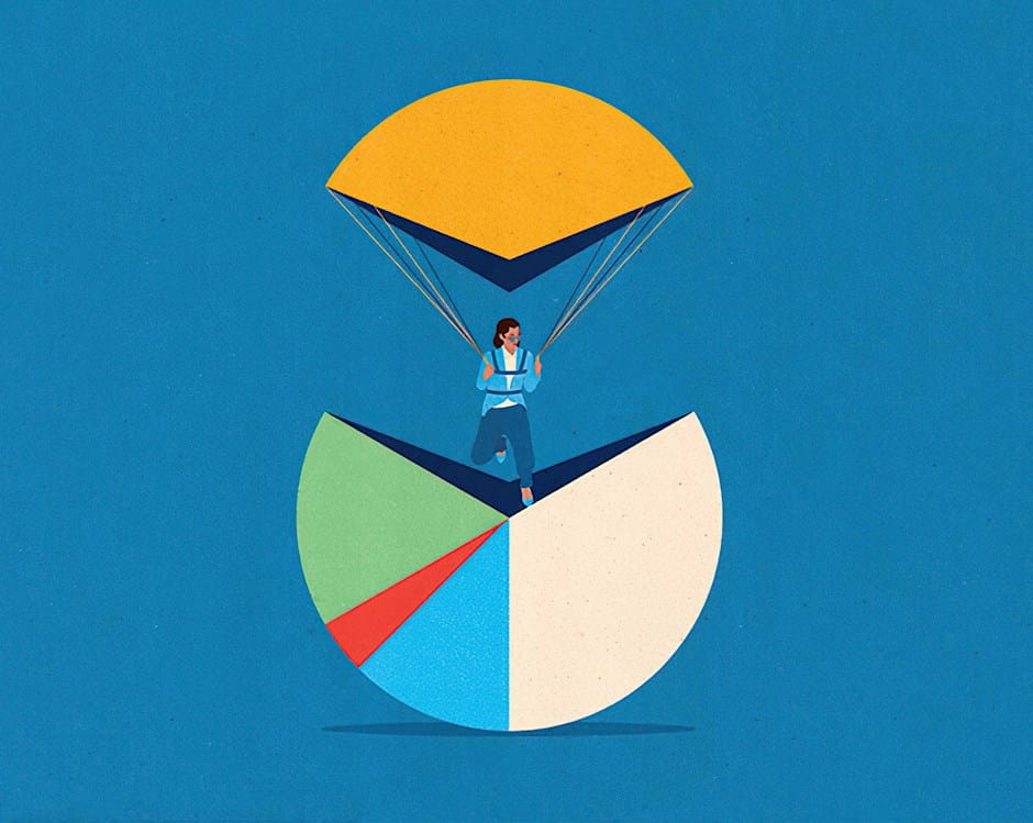 An illustration of a woman parachuting, whose shape forms the top portion of a pie chart
