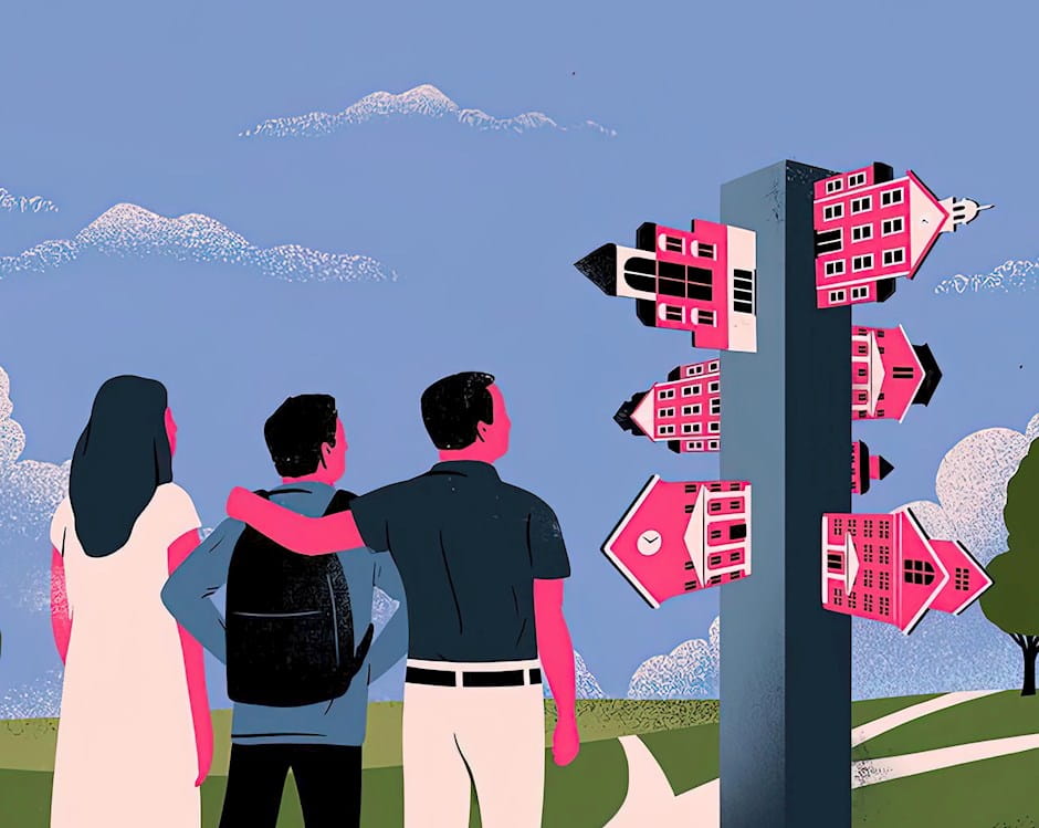 Three illustrated people looking at a signpost of university buildings