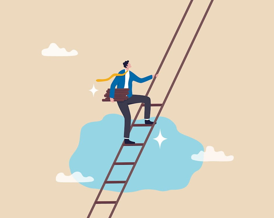 Man climbing ladder with no rungs at the top