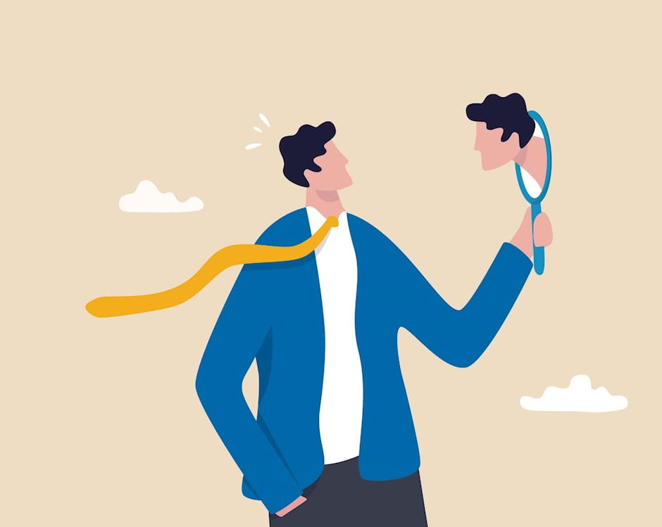 Man looking at mirror with face emerging from it