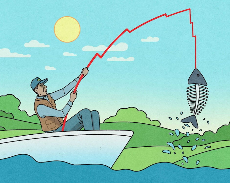 Fisherman reeling in fish skeleton