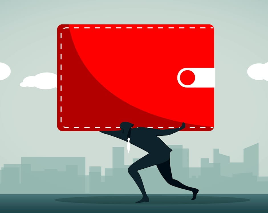 Man carrying an oversized wallet on his back