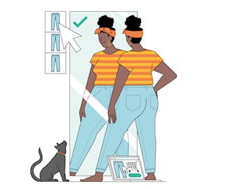Illustration of a woman looking in the dressing room mirror choosing pants