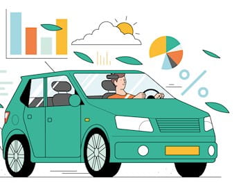 Illustration of a green car driving past various charts