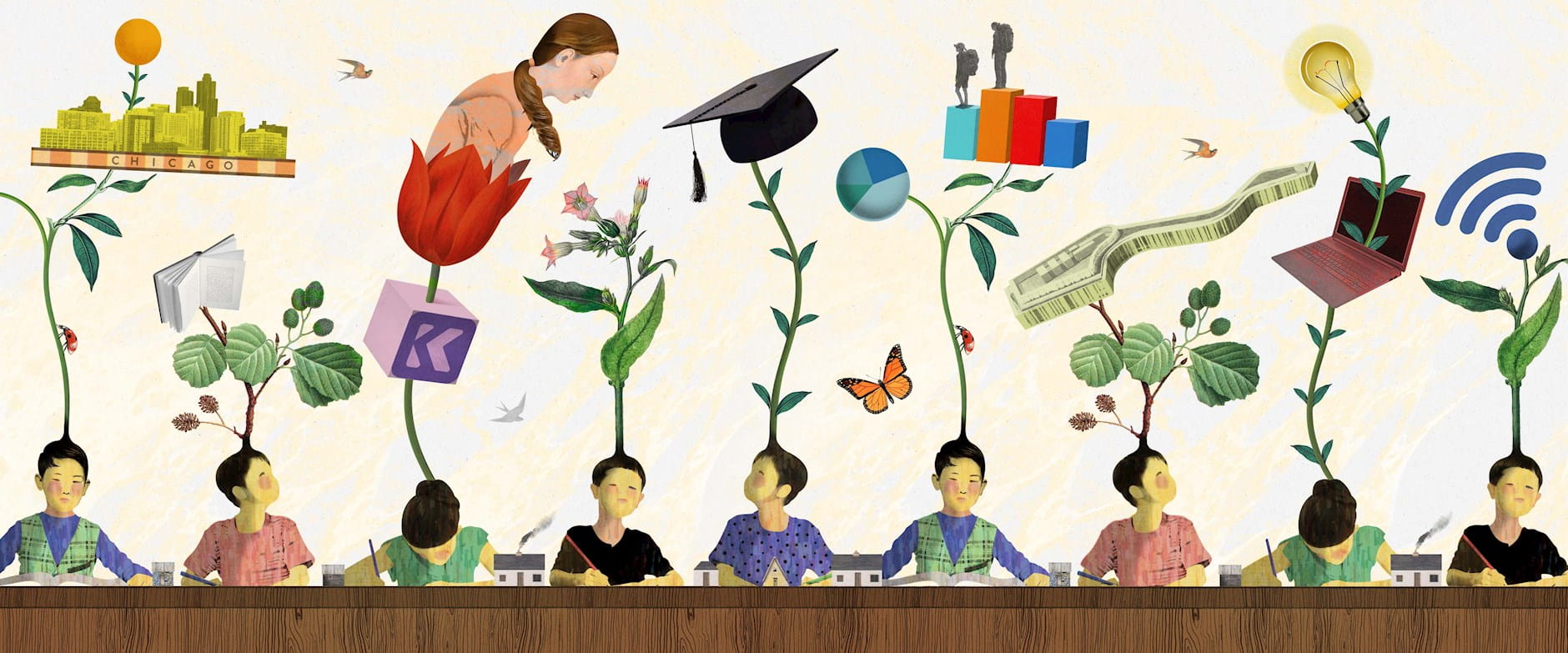 Students illustrated with plants and education icons