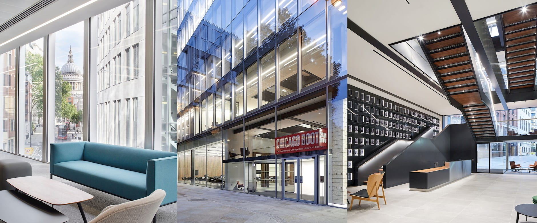 Collage of images of Booth's London campus, showing lounge, front entrance, and staircases.