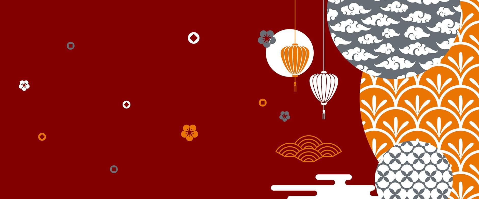 Illustrated clouds, circles, and lanterns